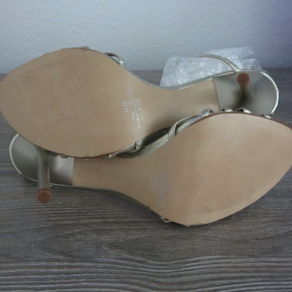 GUESS TINA Silver Reptile Strappy High Heel Sandals 8.5  Gold Charms - Picture 13 of 16